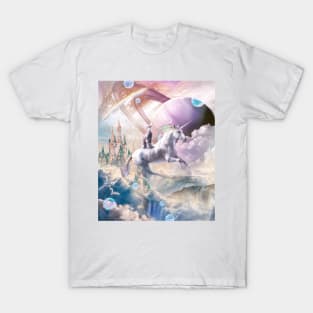 Rainbow Galaxy Cat Riding Unicorn In Space T-Shirt